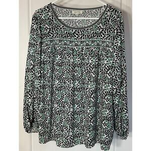 Max Studio Green Black White Floral Long-sleeve Soft Peasant Top 2X